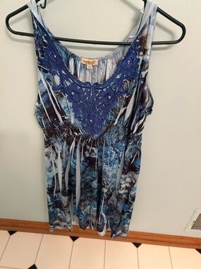 Sleeveless Blue Crochet-Trim Women's long Top or short dress